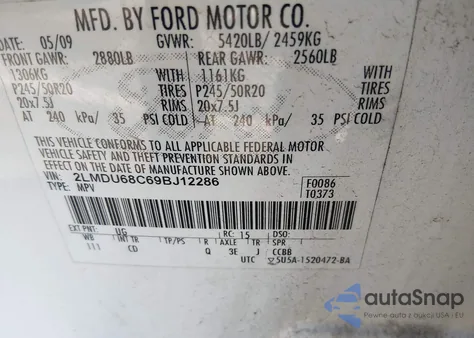 2009 Lincoln Mkx z USA, uszkodzony, nr VIN 2LMDU68C69BJ12286